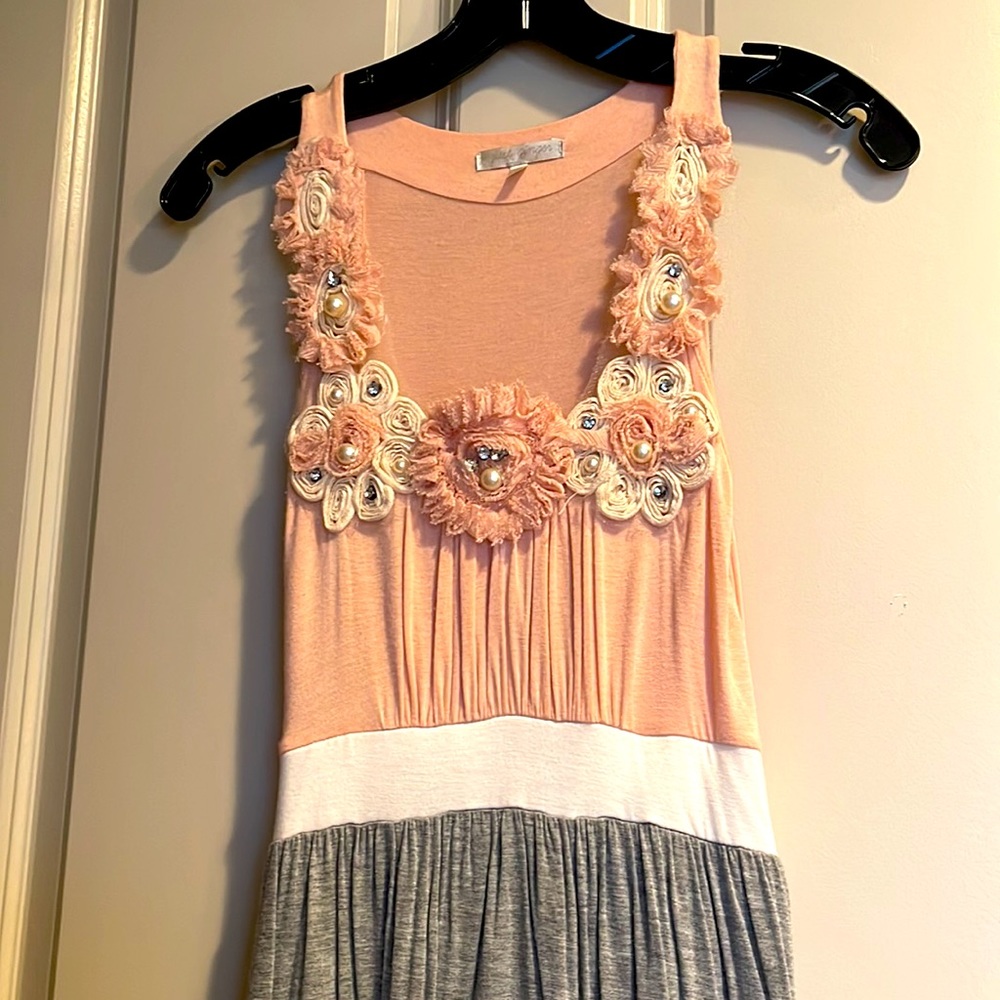 Beautiful Pink & Gray Cotton Dress With Floral Embroider Detail Collar - XS